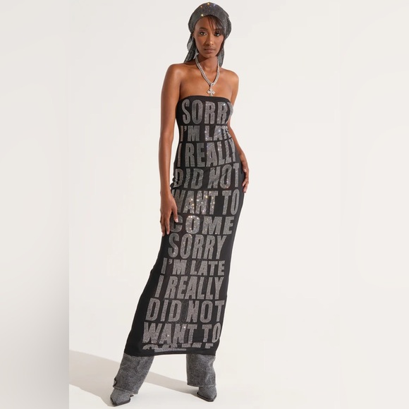NWT.  AKIRA I'm Late Rhinestone Graphic Midi Dress. - Picture 4 of 9